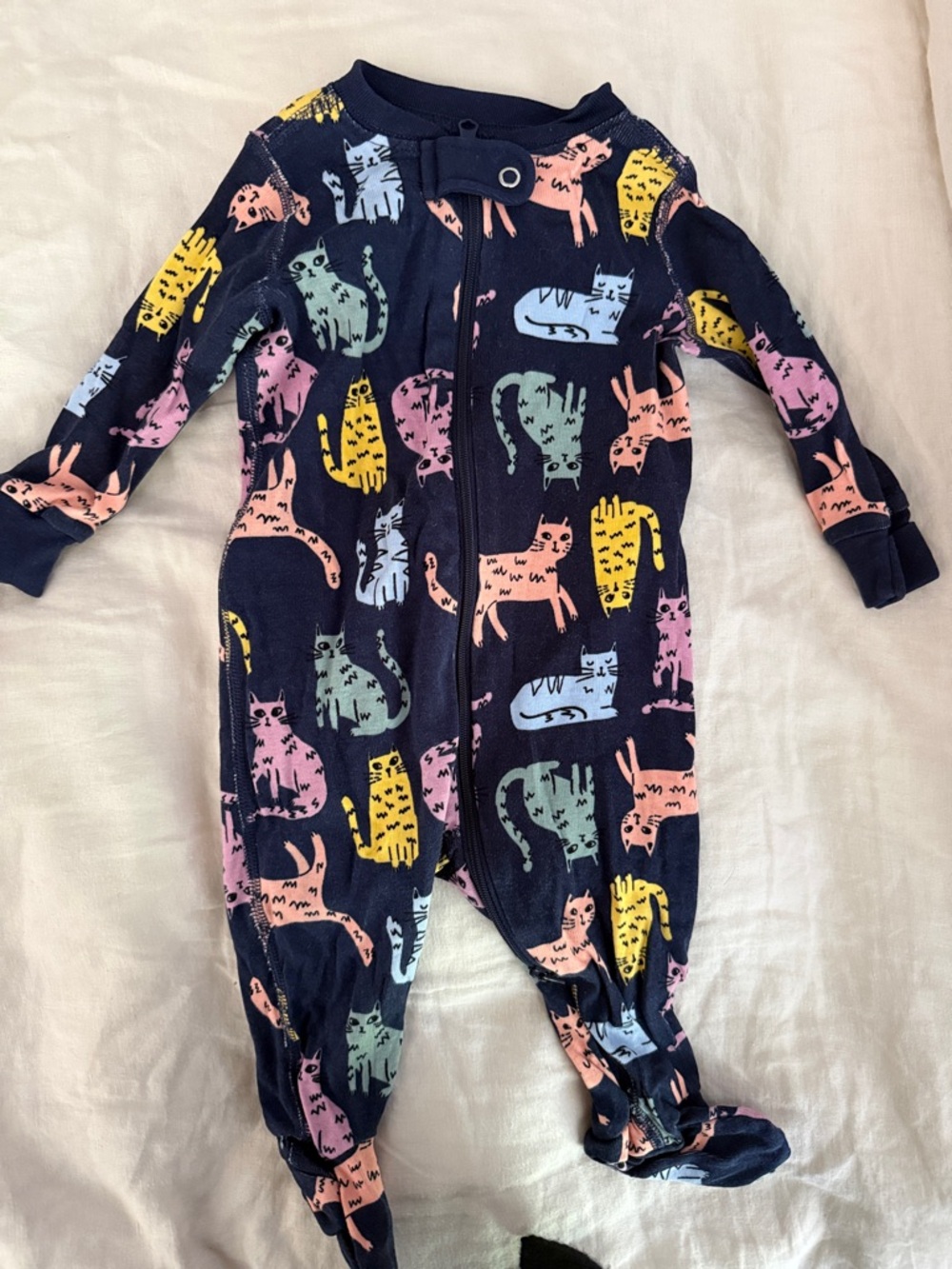 Quince Navy Footed One-Piece with Multicolor Cat Pattern